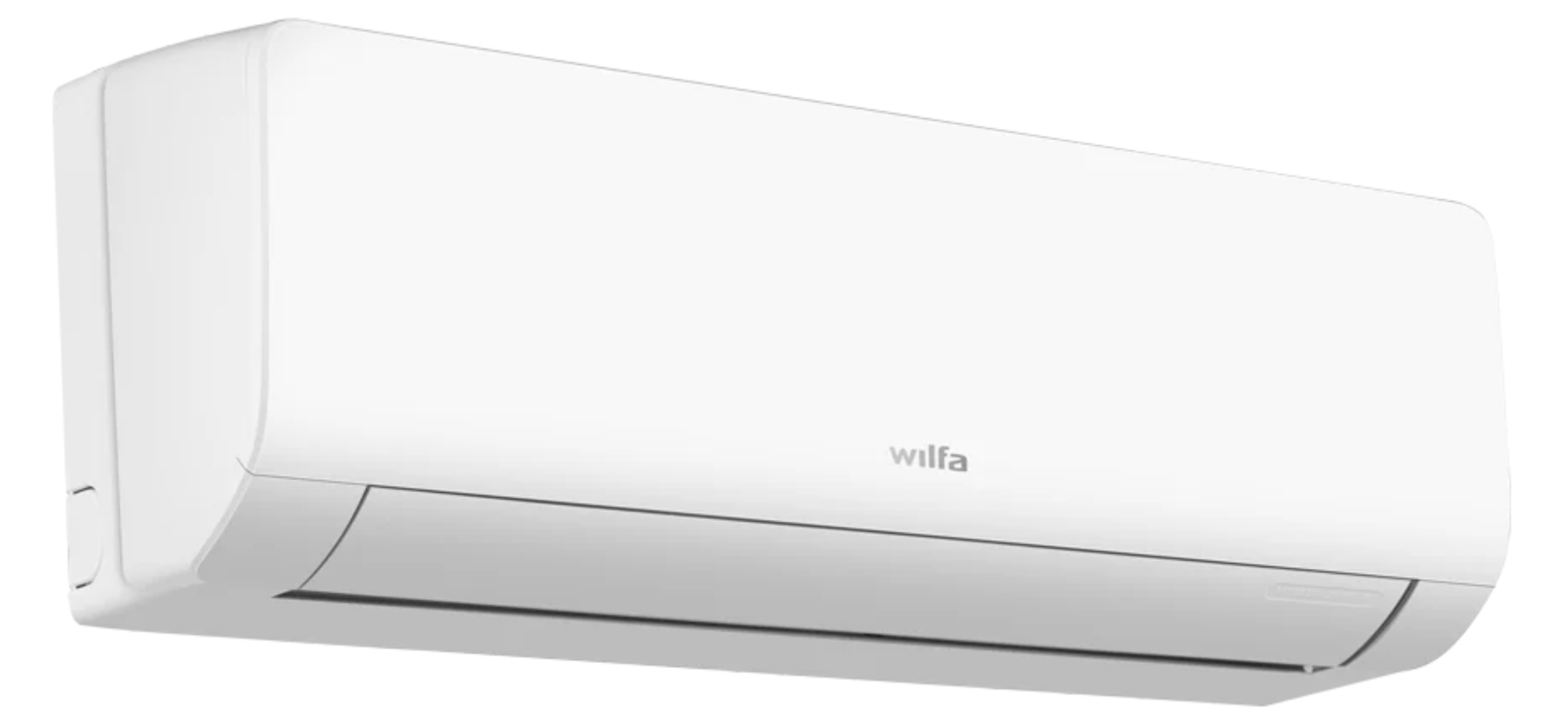 Hvit Wilfa-varmepumpe med diskret LED-display og avrundet design.