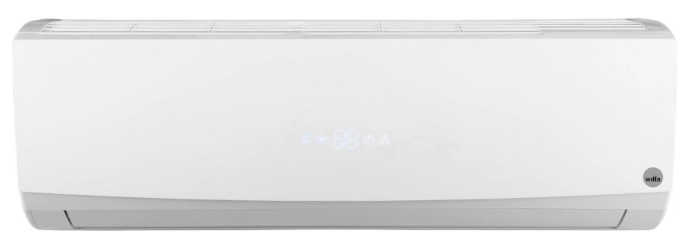 Hvit Wilfa-varmepumpe med diskret LED-display og avrundet design.