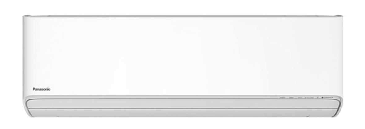 Sort Panasonic-varmepumpe med avrundede kanter og integrert displaystripe.