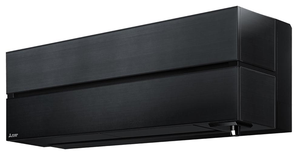 Sort varmepumpe fra Mitsubishi med moderne og stilren front i matt finish.